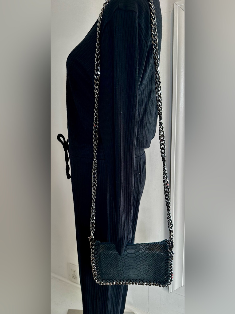 Italian Leather Python Embossed Chain Crossbody - Picture 7 of 9